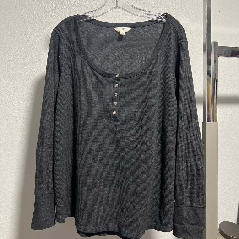 Womens Terra & Sky Waffle Knit Henley Thermal Tee Sz 1x Grey Basic Base Layer
